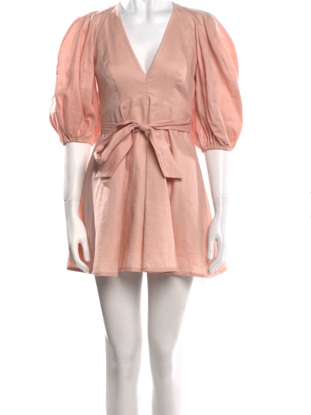 Zimmermann Peach Puff-Sleeve V-Neck Tie-Waist Mini Dress